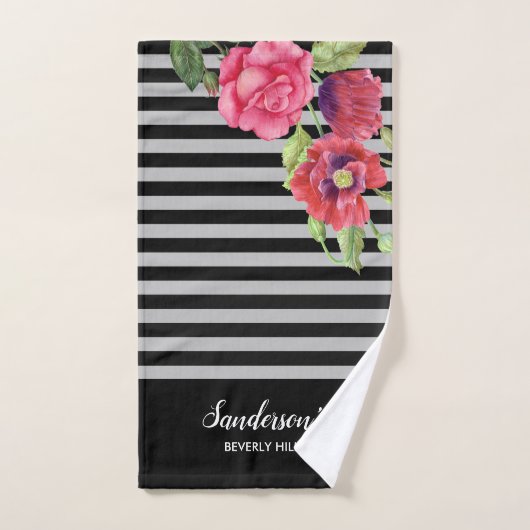Waterverf rode en roze bloemen zwarte grijze strep bad handdoek (Handdoek)