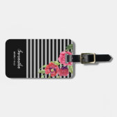 Waterverf rode en roze bloemen zwarte grijze strep bagagelabel (Voorkant horizontaal)