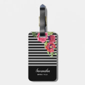 Waterverf rode en roze bloemen zwarte grijze strep bagagelabel (Achterkant verticaal)