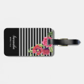 Waterverf rode en roze bloemen zwarte grijze strep bagagelabel (Achterkant horizontaal)