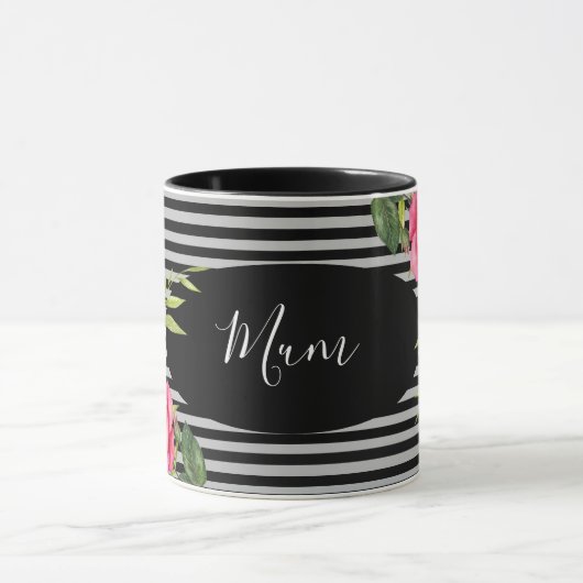 Waterverf rode en roze bloemen zwarte grijze strep mok (Midden)