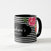 Waterverf rode en roze bloemen zwarte grijze strep mok (Voorkant rechts)