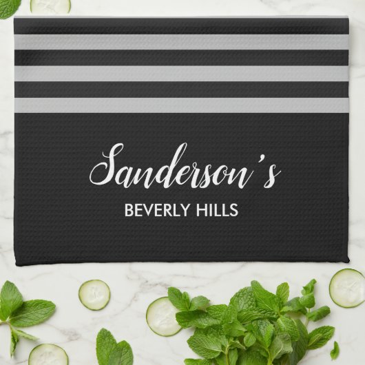 Waterverf rode en roze bloemen zwarte grijze strep theedoek (Gevouwen)