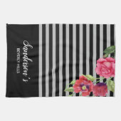 Waterverf rode en roze bloemen zwarte grijze strep theedoek (Horizontaal)