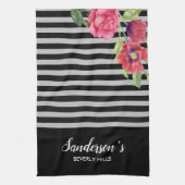 Waterverf rode en roze bloemen zwarte grijze strep theedoek (Verticaal)