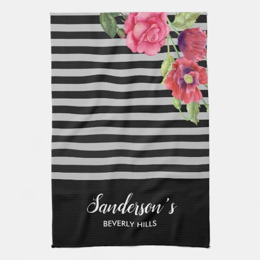 Waterverf rode en roze bloemen zwarte grijze strep theedoek (Verticaal)