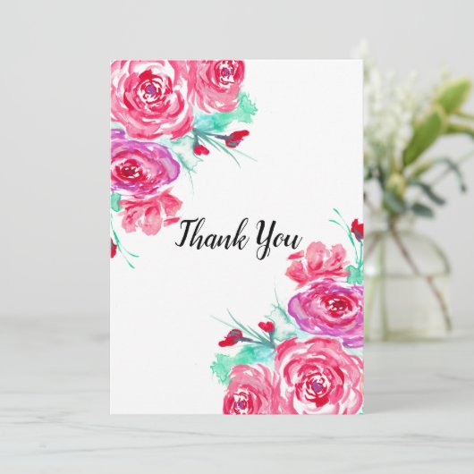 Waterverf rode en roze rozen bedankkaart (Staand voorkant)