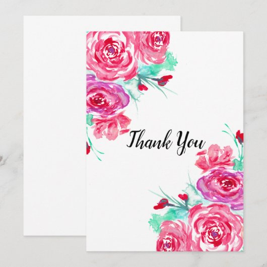 Waterverf rode en roze rozen bedankkaart (Voorkant / Achterkant)