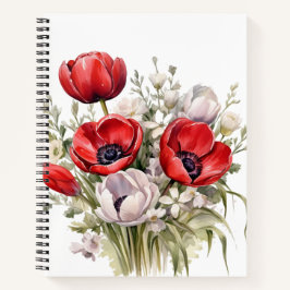  WATERVERF RODE EN WITTE BLOEMEN NOTITIEBOEK