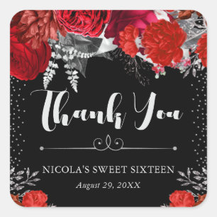 Waterverf Rode en Zilveren Bloemen Sweet 16 Vierkante Sticker