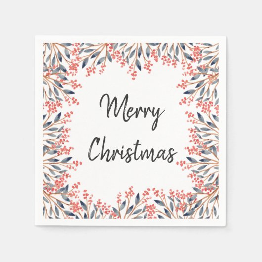 Waterverf Rode Feestdagen Winter Bessen Bladeren Servetten (Voorkant)