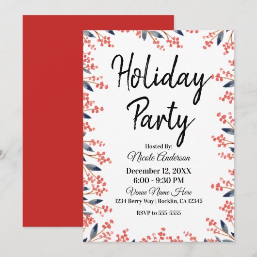 Waterverf Rode Feestelijke Winterparty Bessen Blad Kaart (Voorkant / Achterkant)