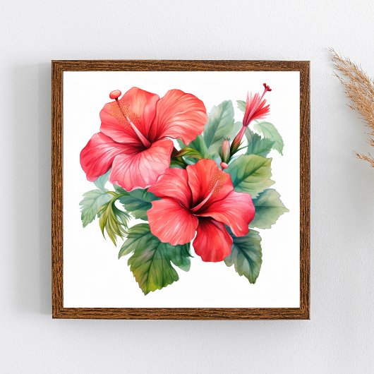 Waterverf Rode Felere Hibiscus Bloemgroen  Poster