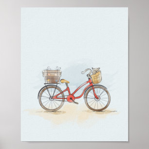 Waterverf Rode Fiets en Kat Poster