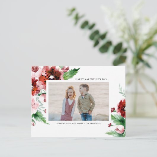 Waterverf Rode Floral Valentijnsdag Foto Feestdagenkaart (Staand voorkant)