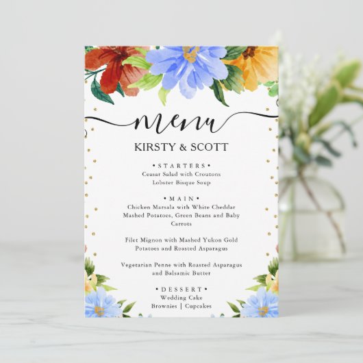 Waterverf Rode, Gele & Blauwe Bloemen Huwelijk Menu (Staand voorkant)