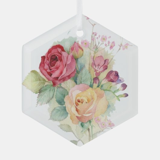 Waterverf Rode Gele Pink Garden Rozen Glas Ornament (Voorkant)
