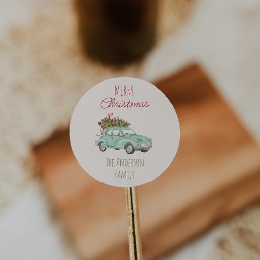 Waterverf Rode Groene Autoboom Kerst Ronde Sticker