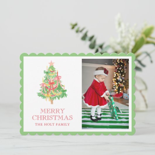 Waterverf Rode Groene Bow Coquette Kerstfoto Feestdagenkaart (Staand voorkant)