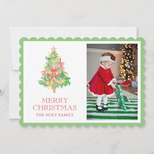 Waterverf Rode Groene Bow Coquette Kerstfoto Feestdagenkaart (Voorkant)