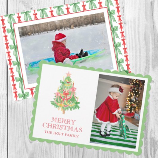 Waterverf Rode Groene Bow Coquette Kerstfoto Feestdagenkaart