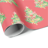Waterverf Rode & Groene Coquette Kerstboom Cadeaupapier (Rol Hoek)