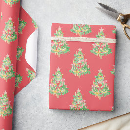 Waterverf Rode & Groene Coquette Kerstboom Cadeaupapier