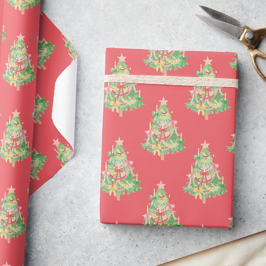 Waterverf Rode & Groene Coquette Kerstboom Cadeaupapier