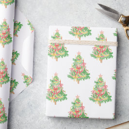 Waterverf Rode & Groene Coquette Kerstboom Cadeaupapier