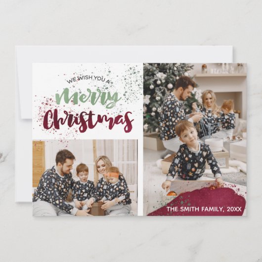 Waterverf Rode Groene Familie Foto Merry Kerstry Feestdagenkaart (Voorkant)