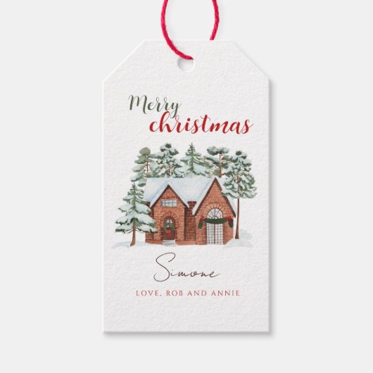  Waterverf Rode Groene Kerstboom Cadeaulabel (Voorkant)