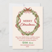 Waterverf rode groene krans kerst niet-foto feestdagenkaart (Voorkant)