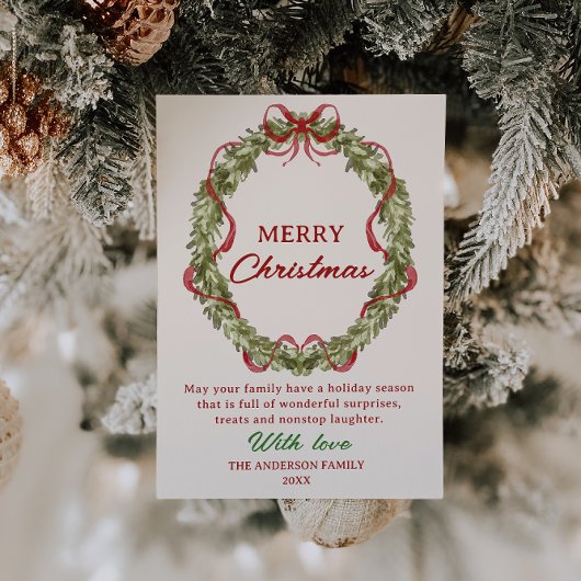 Waterverf rode groene krans kerst niet-foto feestdagenkaart