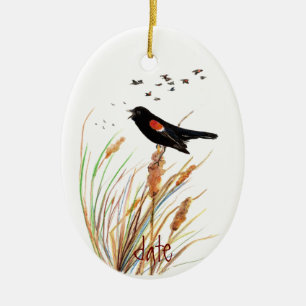 Waterverf Rode Halve Zwarte Vogel - VogelCollectie Keramisch Ornament