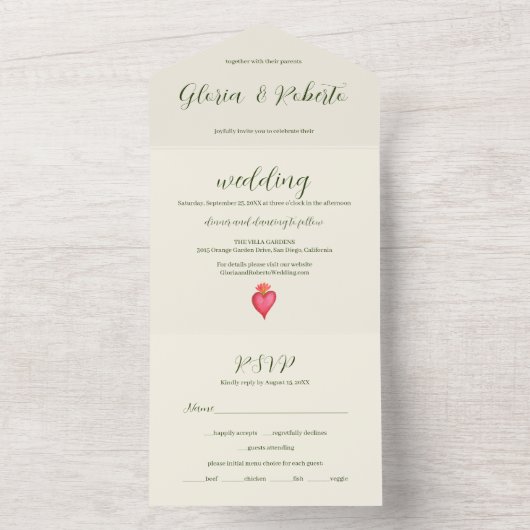 Waterverf Rode Hart & Bloem Mexicaanse Bruiloft All In One Uitnodiging (Binnen)