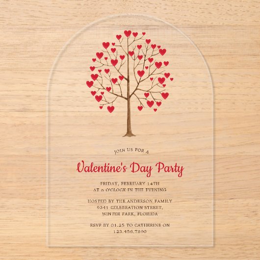 Waterverf Rode Hart Boom Valentijnsdag Partij Acryl Uitnodigingen (Voorkant)