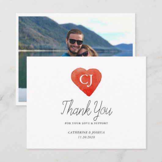 Waterverf Rode Hart Bruiloft Foto Dank u Kaart (Voorkant / Achterkant)