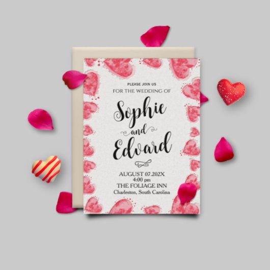 Waterverf rode harten op romantische bruiloft kaart