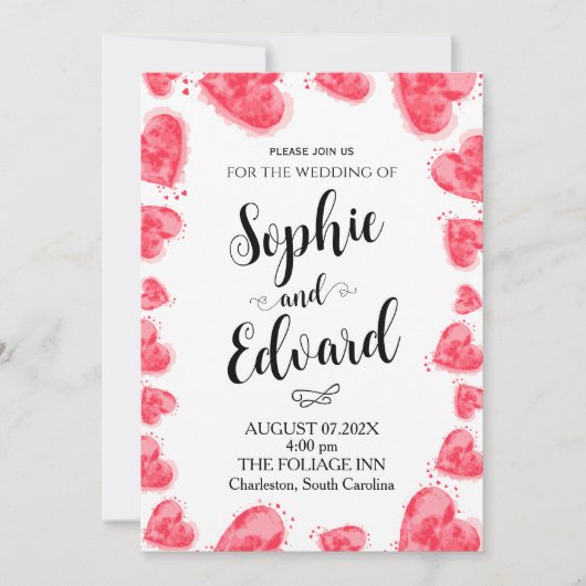 Waterverf rode harten op romantische bruiloft kaart (Voorkant)