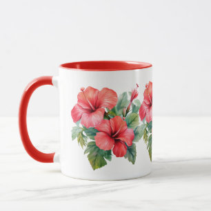 Waterverf Rode Hibiscus Tropisch Bloemengebladerte Mok