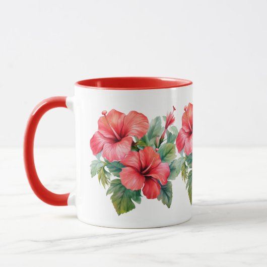 Waterverf Rode Hibiscus Tropisch Bloemengebladerte Mok (Links)