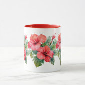 Waterverf Rode Hibiscus Tropisch Bloemengebladerte Mok (Midden)