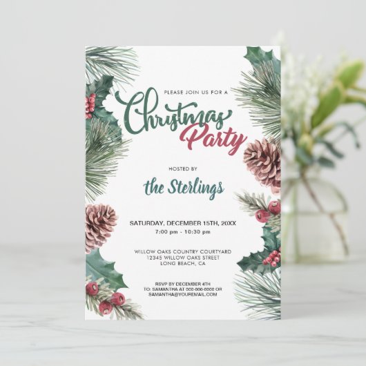 Waterverf Rode Holly Pine Border Kerstfeest Kaart (Staand voorkant)