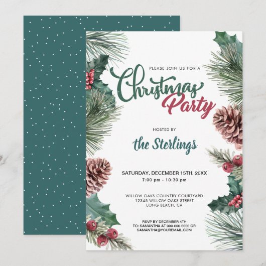 Waterverf Rode Holly Pine Border Kerstfeest Kaart (Voorkant / Achterkant)