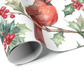 Waterverf rode kardinaal Holly Berry kerstkunst Cadeaupapier (Rol Hoek)