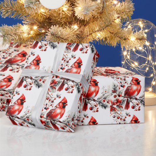 Waterverf rode kardinaal op de Berry Branch Cadeaupapier (Feestdagen)