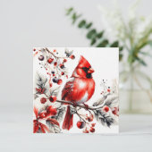 Waterverf Rode Kardinaal op de Bessentak Feestdagenkaart (Staand voorkant)