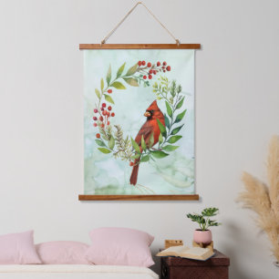 Waterverf Rode Kardinaal Vogel Krans Kerstmis Hangend Wandkleed