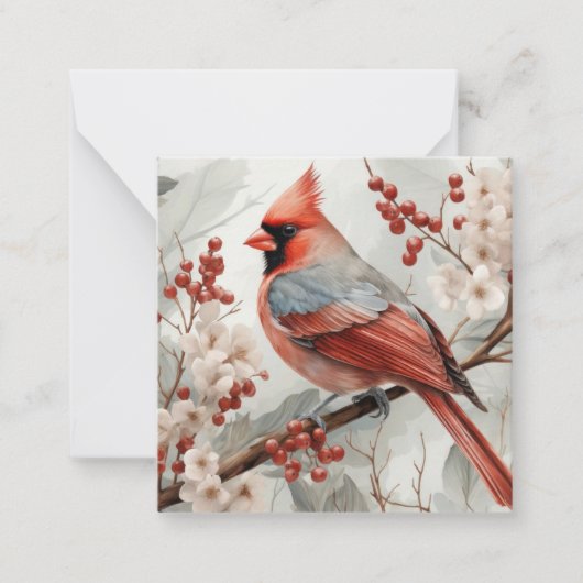 Waterverf Rode Kardinaal Vogel op een Tak Notitiekaartje (Voorkant)