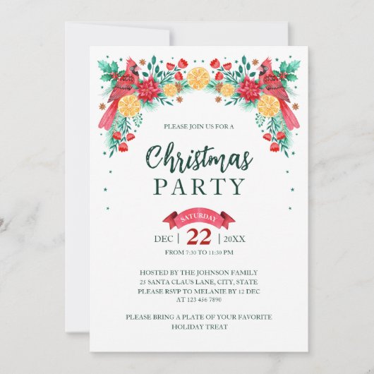 Waterverf Rode Kardinaal Vogels Kerstfeest Kaart (Voorkant)